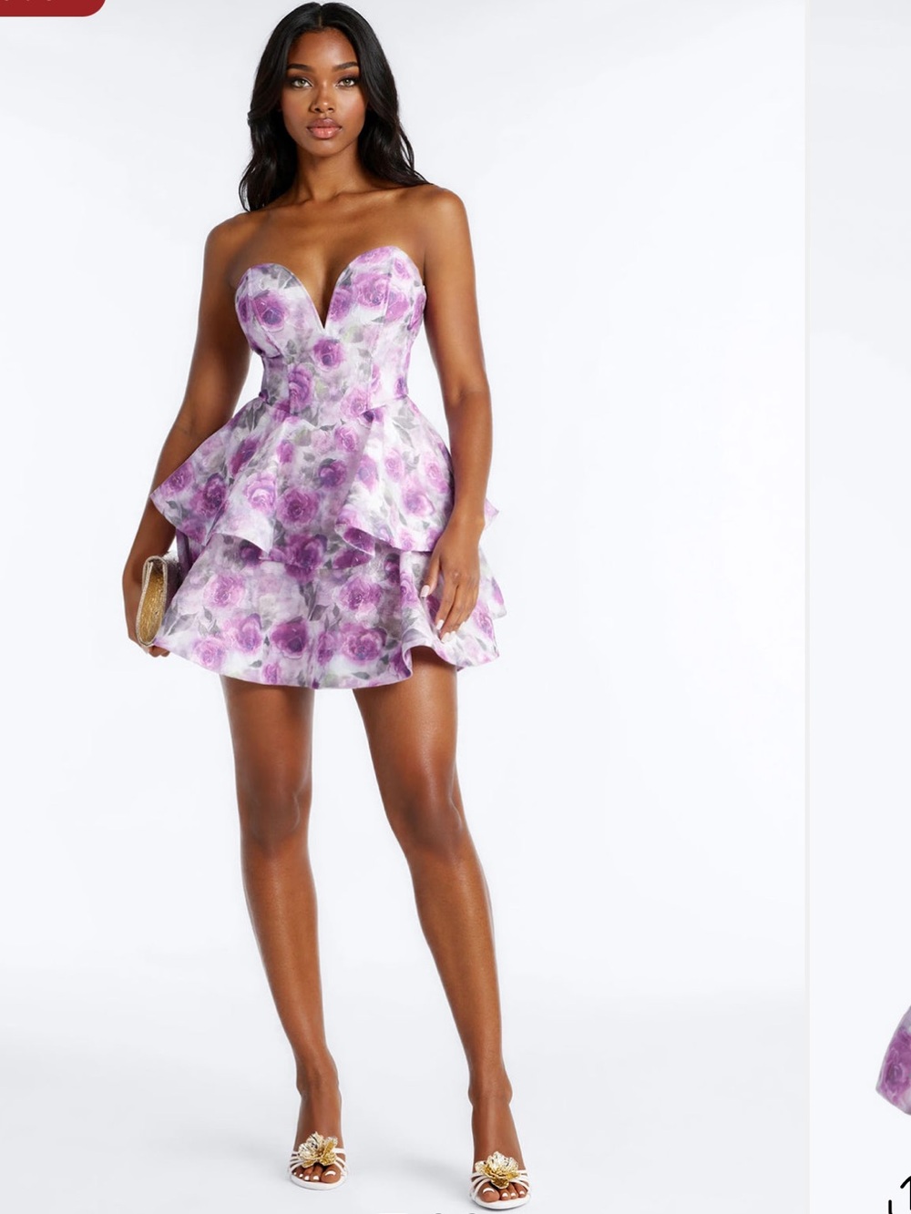 Fashion Nova Purple Floral Strapless V-Neck Tiered Midi Dress